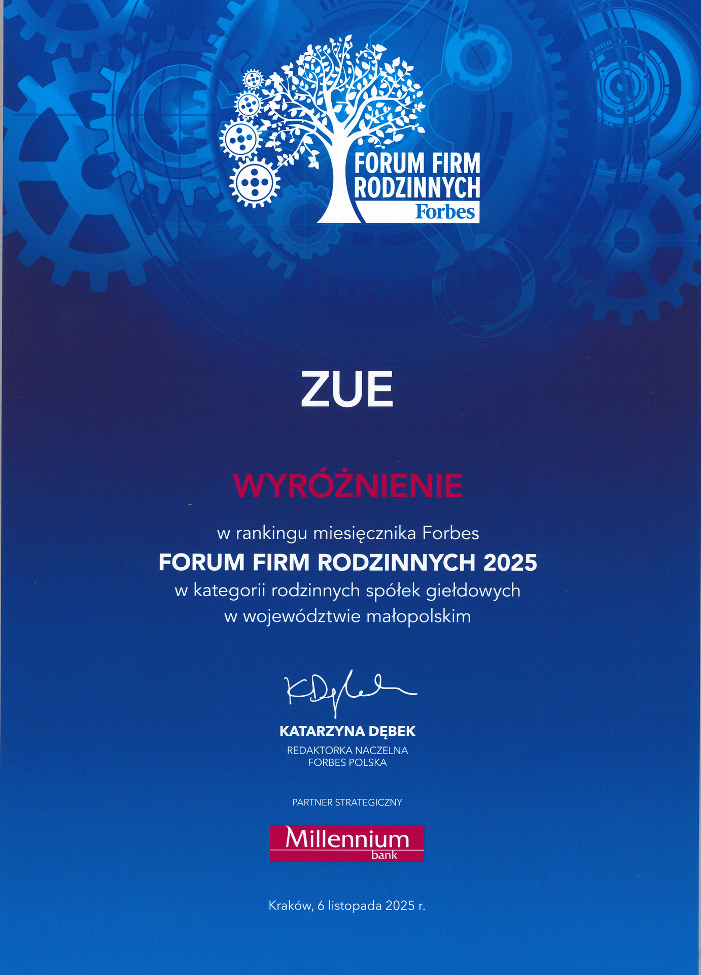 ZUE S.A. wyróżnione w rankingu Forbes Forum Firm Rodzinnych 2025