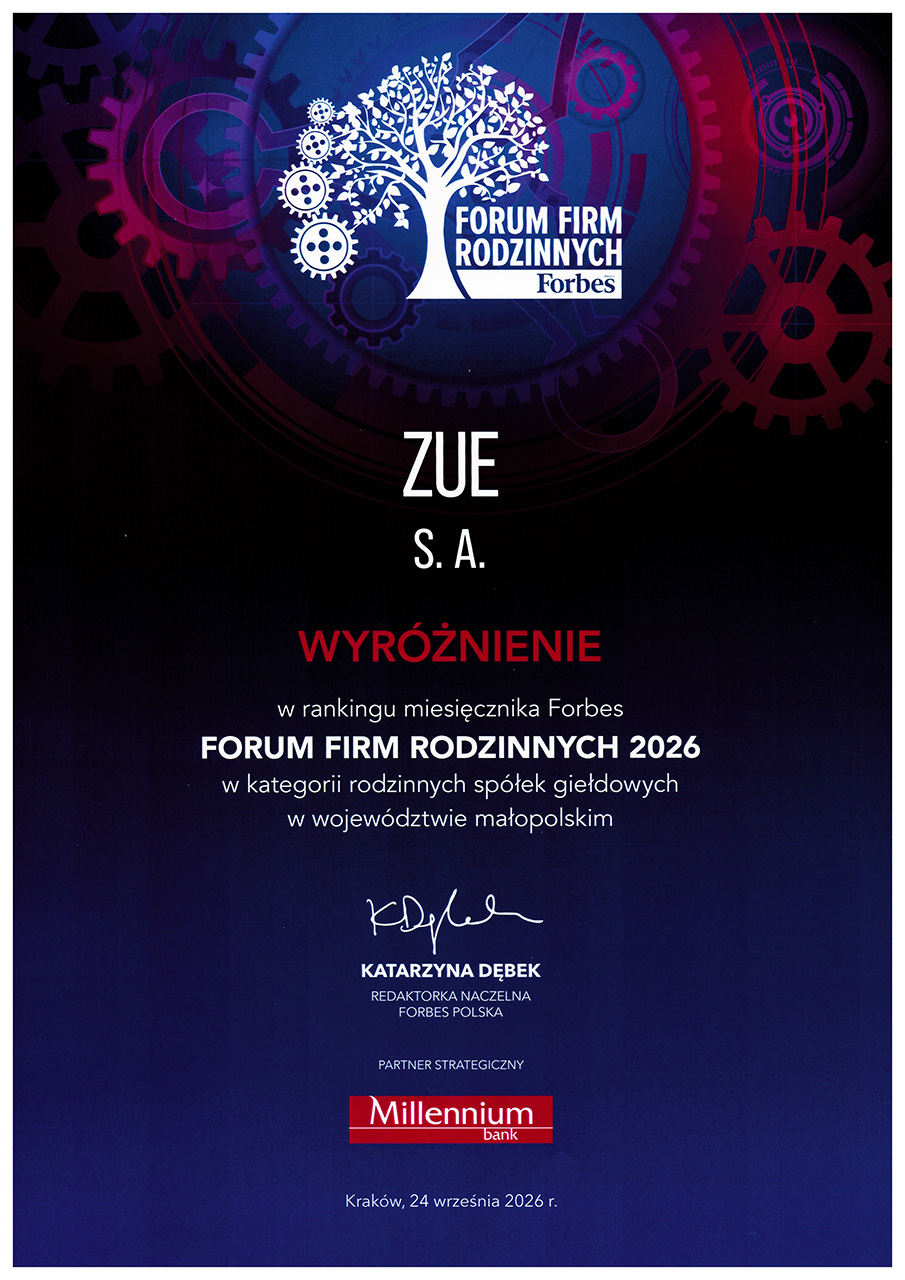 ZUE S.A. wyróżniona w rankingu Forum Firm Rodzinnych 2026 Forbes